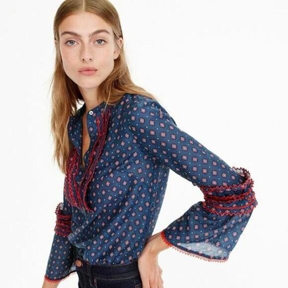J.CREW Women's Blue Boho Cotton Silk Embroidered Bell Sleeve Blouse Top Size 10 - Picture 1 of 7